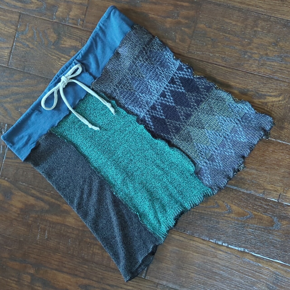 ETSY MOJOWEAR I Blue & Green Upcycled Recycled Boho Drawstring Sweater Skirt, S - Picture 2 of 13